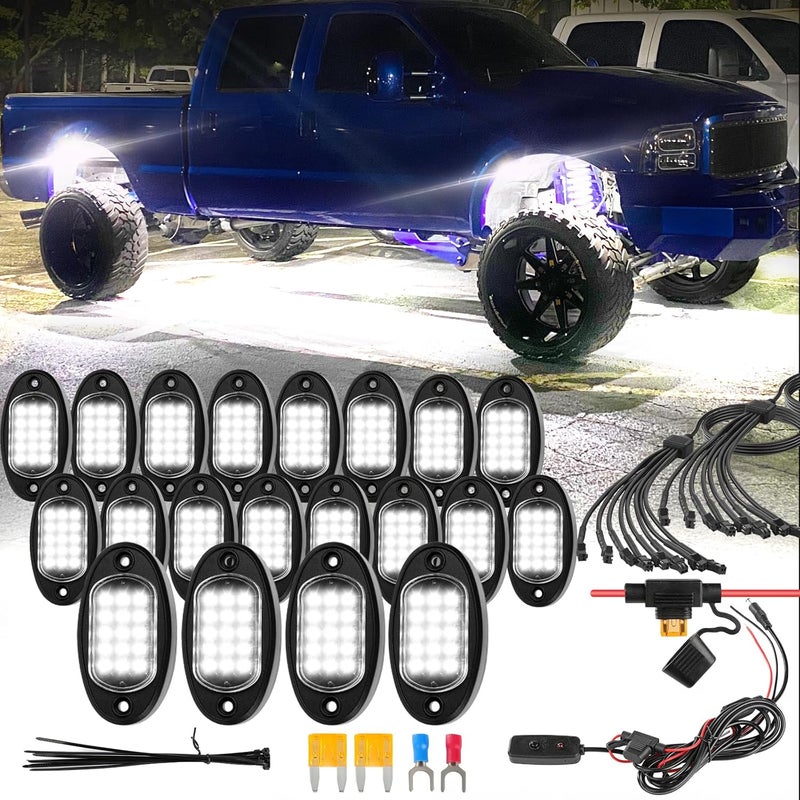 ZONECONA 20Pods Pure White LED Rock Lights Kit with Switch Wiring Harness Extension Wire, Neon Underglow Light IP67 Waterproof Fender Lighting 12V for Trucks, Golf Carts, Jeep, UTV, ATV, RZR, SUV, SXS - Image 1